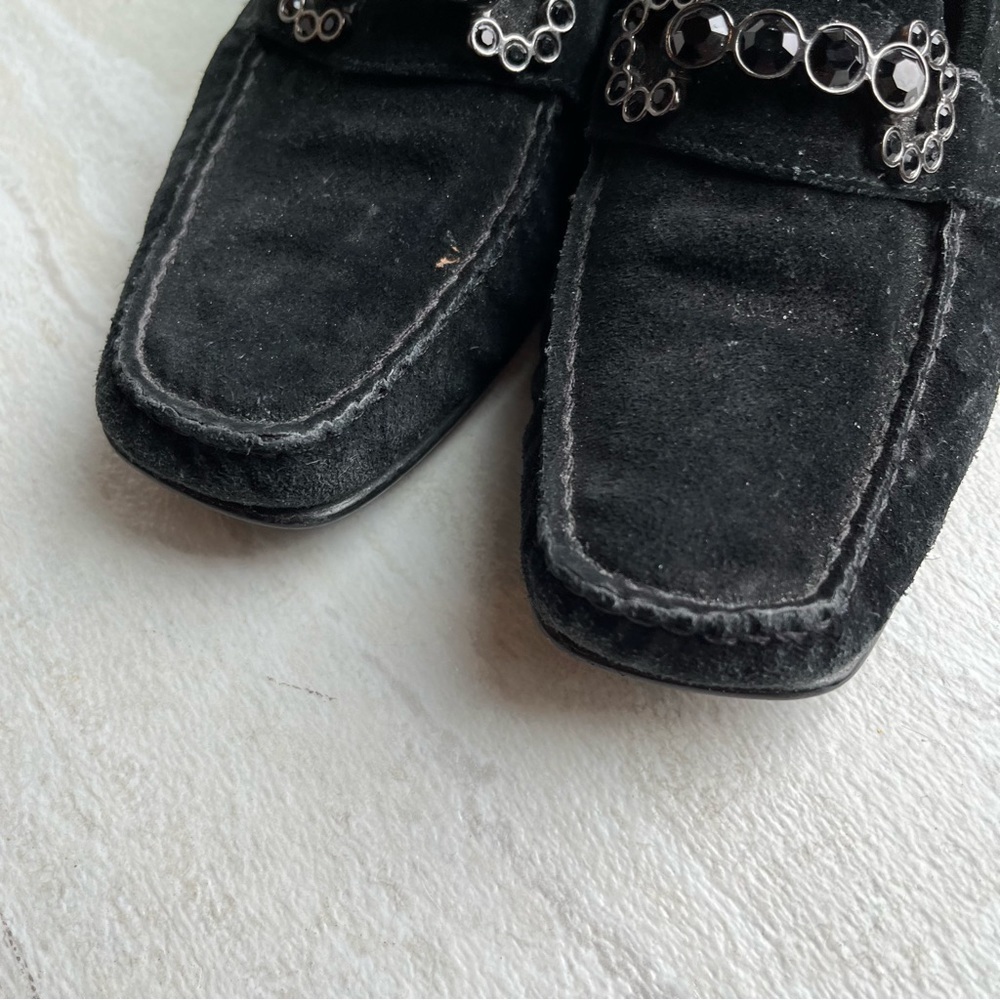 ** Stuart Weitzman Driving Loafers Black Leather Size 7.5 Crystal Embellished - Picture 2 of 10